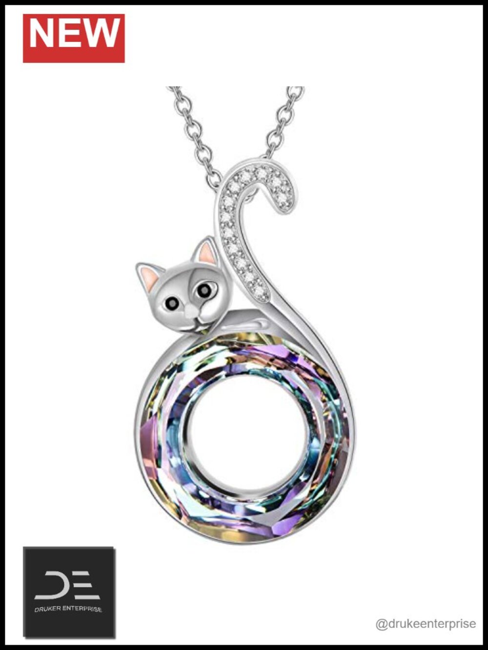 Sterling Silver Cat Pendant Necklace with Crystals from Austria
